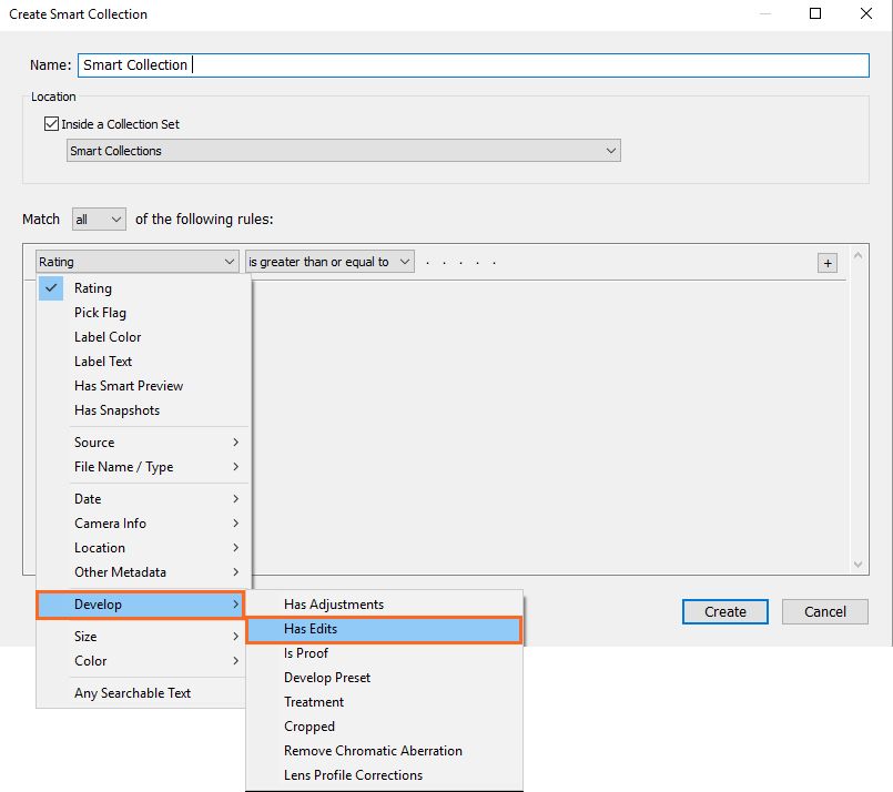 The new Has Edits rule in the Develop category.