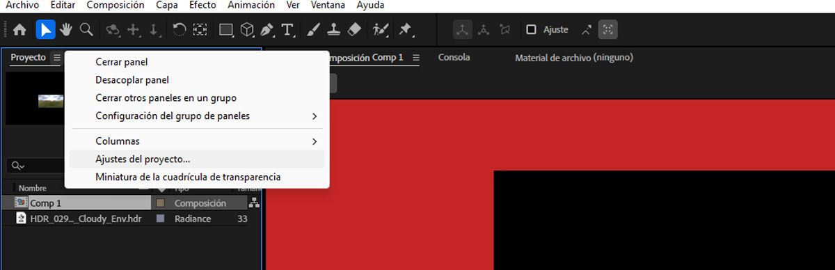 El menú Proyecto está abierto y se selecciona la opción Configuración del proyecto.