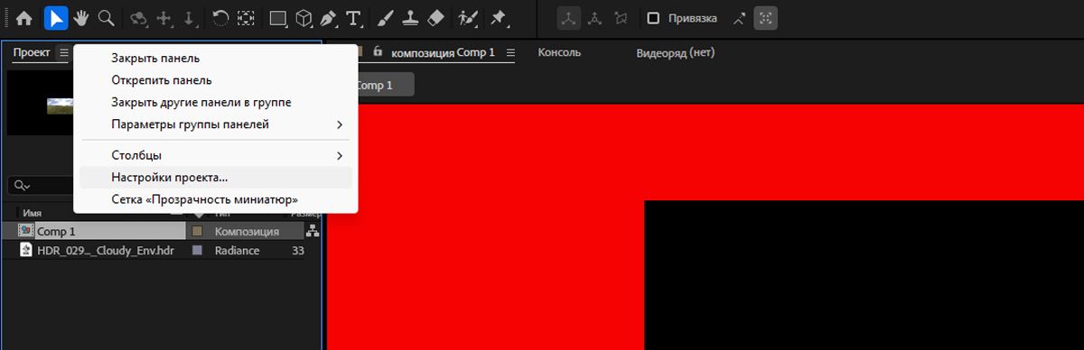 Откроется меню «Проект» с выбранным параметром «Настройки проекта».