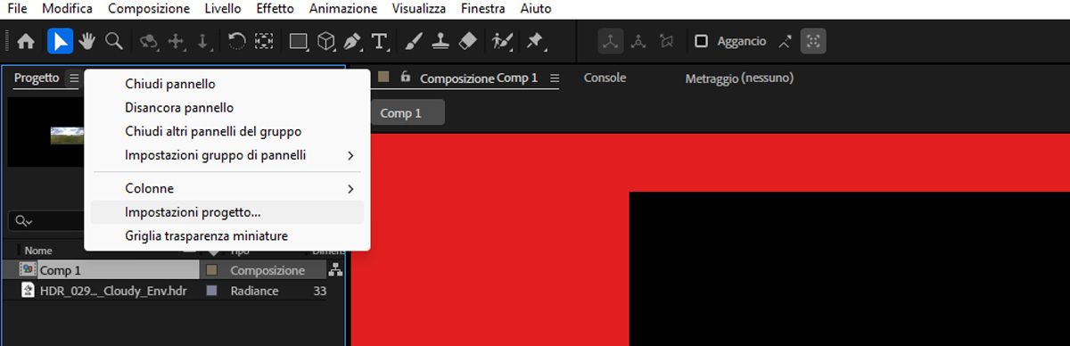 Il menu Progetto è aperto e l’opzione Impostazioni progetto è selezionata.