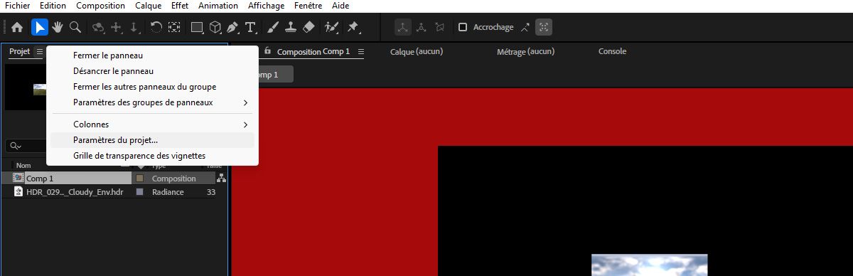 Le menu Projet est ouvert et l’option Paramètres du projet est sélectionnée.