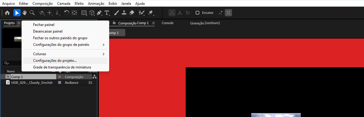 O menu “Projeto” aberto com a opção “Configurações do projeto” selecionada.