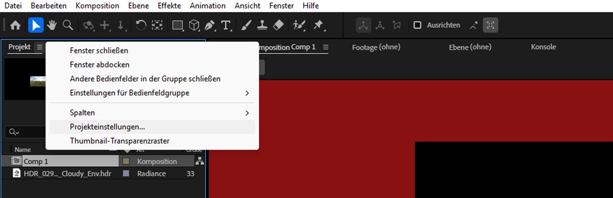 Das Menü „Projekt“ ist geöffnet und die Option „Projekteinstellungen“ ist ausgewählt.