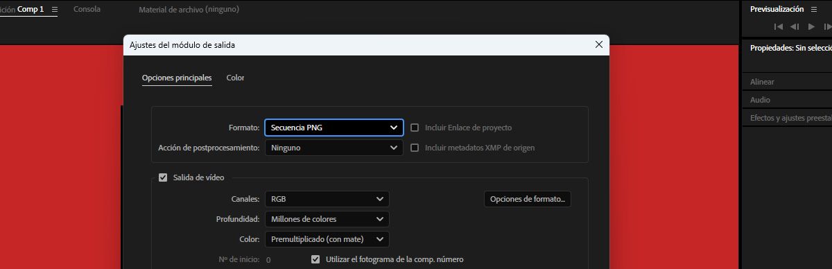 El cuadro de diálogo Configuración del módulo de salida está abierto y, en Opciones principales, el formato seleccionado es Secuencia PNG.