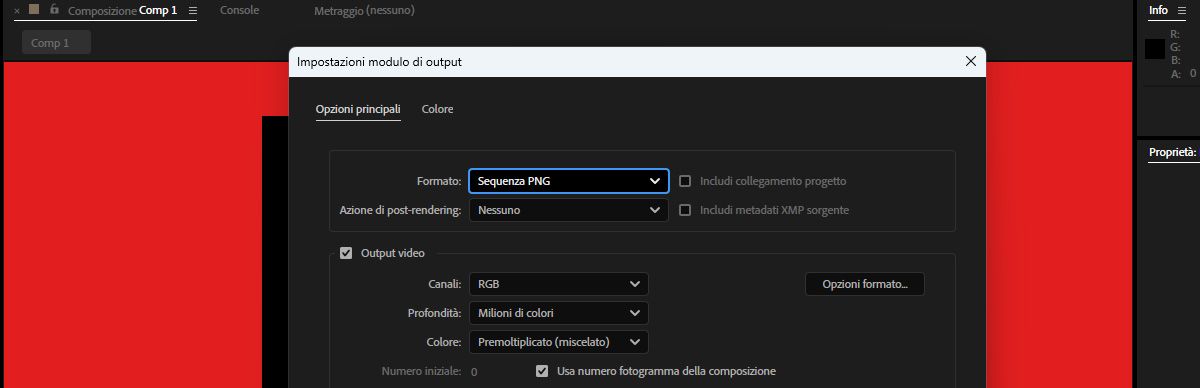 La finestra di dialogo Impostazioni modulo di output è aperta e sotto Opzioni principali, il formato selezionato è Sequenza PNG.