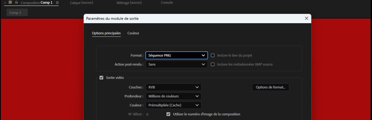 La boîte de dialogue Paramètres du module de sortie est ouverte et sous Options principales, le format sélectionné est Séquence PNG.