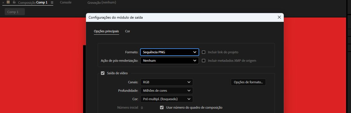 A caixa de diálogo “Configurações do módulo de saída” aberta com o formato definido como “Sequência PNG” em “Opções principais”.