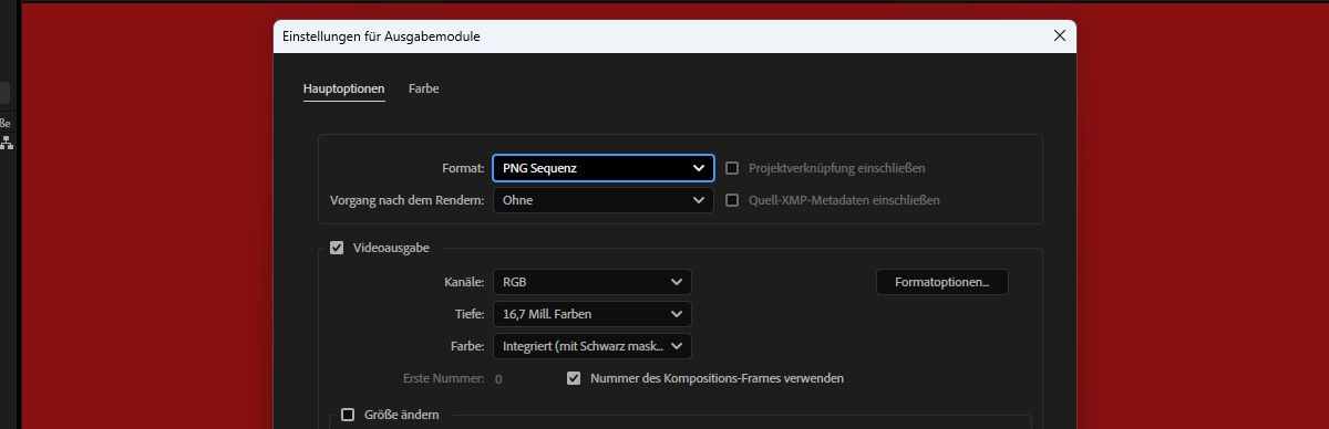 Das Dialogfeld „Einstellungen für Ausgabemodule“ ist geöffnet und unter „Hauptoptionen“ ist die Option „PNG-Sequenz“ als Format ausgewählt.
