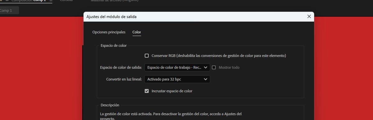 El cuadro de diálogo Configuración del módulo de salida está abierto y en Color, el espacio de color de salida seleccionado es Rec 2100 PQ. 