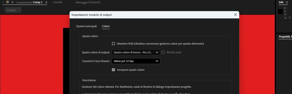 La finestra di dialogo Impostazioni modulo di output è aperta e sotto Colore, lo Spazio colore di output selezionato è Rec 2100 PQ. 