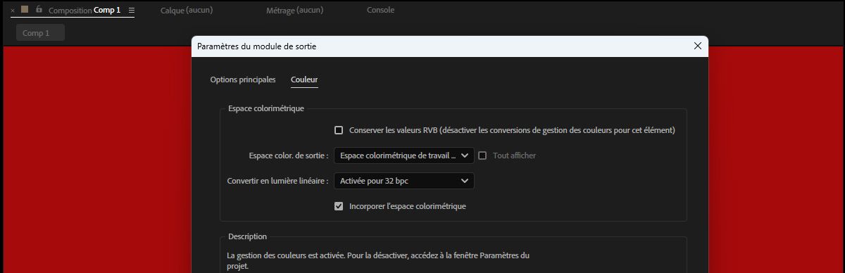 La boîte de dialogue Paramètres du module de sortie est ouverte et sous Couleur, l’espace colorimétrique de sortie sélectionné est Rec 2100 PQ. 