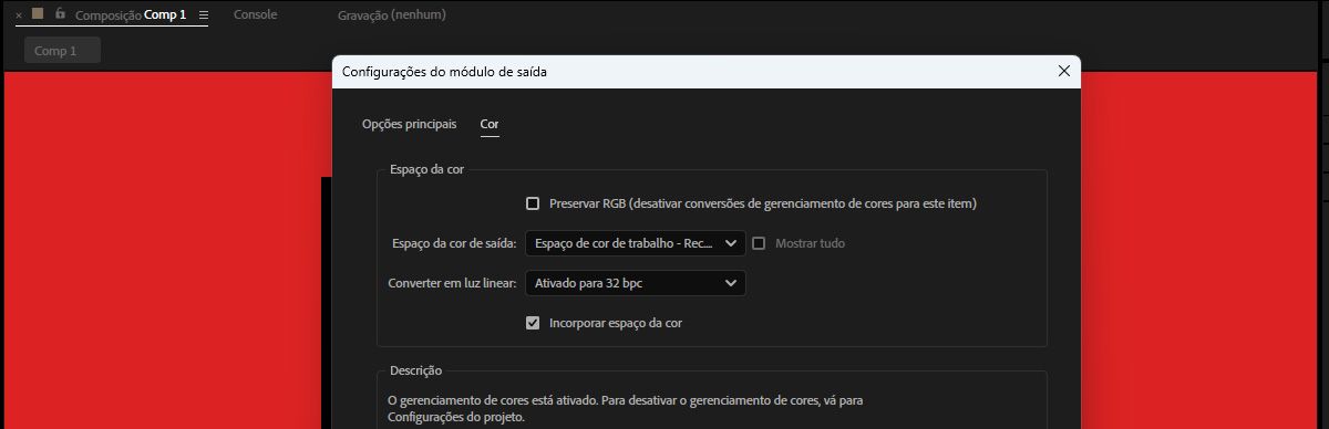 A caixa de diálogo “Configurações do módulo de saída” aberta com o espaço de cores de saída definido como Rec 2100 PQ em “Cor”. 