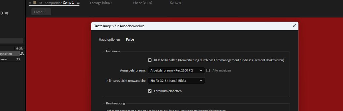Das Dialogfeld „Einstellungen für Ausgabemodule“ ist geöffnet und unter „Farbe“ ist „Rec 2100 PQ“ als Ausgabefarbraum ausgewählt. 