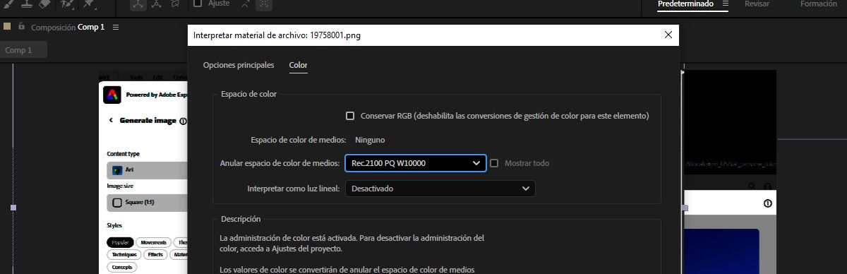 El cuadro de diálogo Interpretar material de archivo está abierto y en la pestaña Color, la opción Anular espacio de color de medios está seleccionada como una de las variantes PQ.