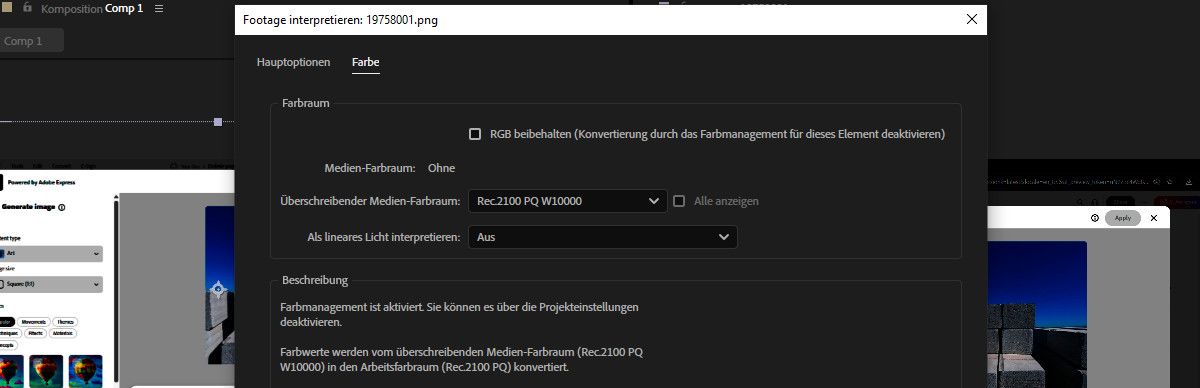 Das Dialogfeld „Footage interpretieren“ ist geöffnet und in der Registerkarte „Farbe“ ist unter „Überschreibender Medien-Farbraum:“ eine der PQ-Varianten ausgewählt.