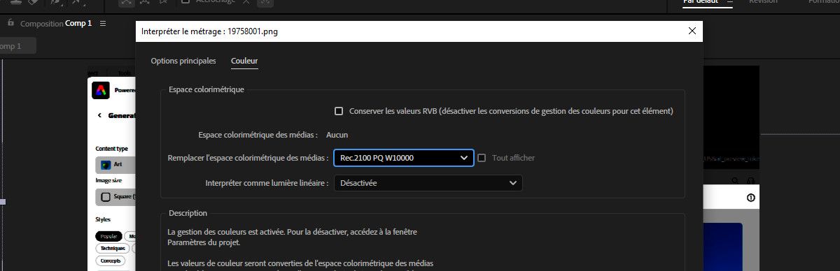 La boîte de dialogue Interpréter le métrage est ouverte et, dans l’onglet Couleur, l’option Remplacer l’espace colorimétrique du média est sélectionnée comme l’une des variantes PQ.