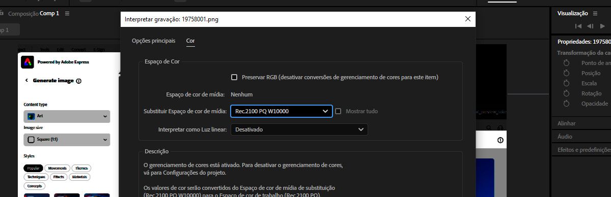 A caixa de diálogo Interpretar gravação está aberta e, na guia Cor, o Espaço de cores de mídia de substituição está selecionado como uma das variantes PQ.