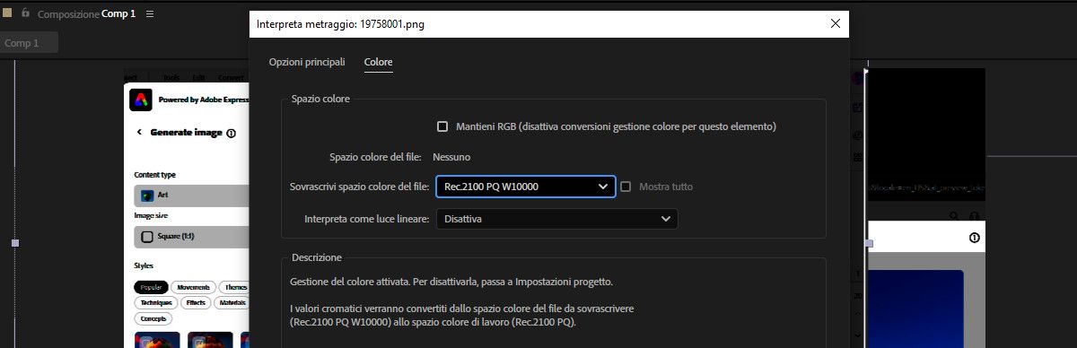 La finestra di dialogo Interpreta metraggio è aperta e nella scheda Colore, è selezionata l’opzione Sostituisci spazio colore del file come una delle varianti PQ.