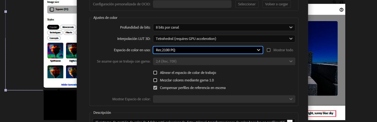 El cuadro de diálogo Configuración del proyecto está abierto y el espacio de color de trabajo bajo Configuración de color está seleccionado como Rec2100 PQ.