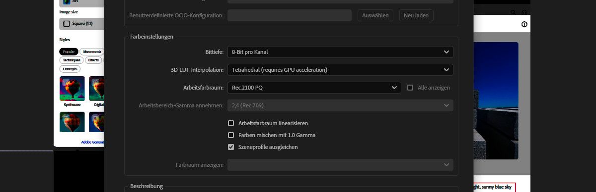 Das Dialogfeld „Projekteinstellungen“ ist geöffnet und in den Farbeinstellungen ist „Rec2100 PQ“ als Arbeitsfarbraum ausgewählt.