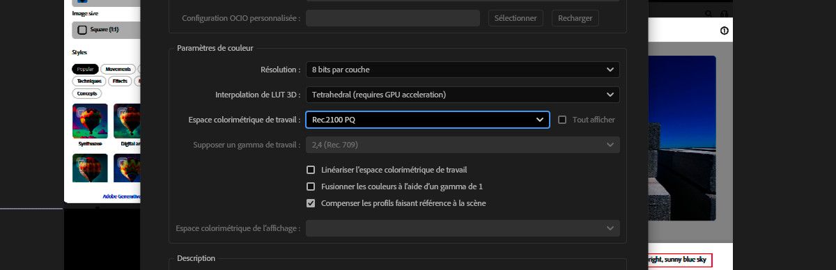 La boîte de dialogue Paramètres du projet est ouverte et l’espace colorimétrique de travail sélectionné sous Paramètres de couleurs est Rec2100 PQ.