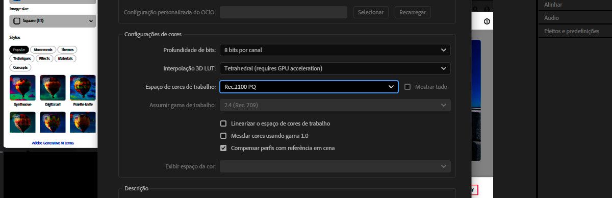 A caixa de diálogo “Configurações do projeto” aberta com o espaço de cores de trabalho definido como Rec2100 PQ nas configurações de cores.