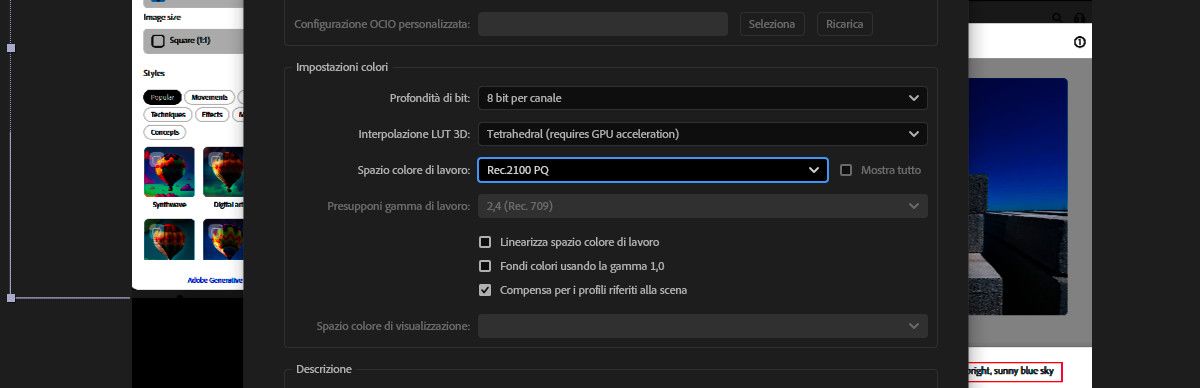 La finestra di dialogo Impostazioni progetto è aperta e lo Spazio colore di lavoro sotto Impostazioni colore è selezionato come Rec2100 PQ.