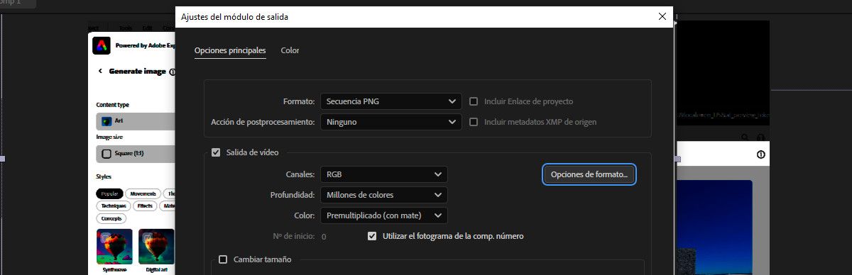 El cuadro de diálogo Configuración del módulo de salida está abierto y en el menú desplegable Formato se ha seleccionado Secuencia PNG.Se ha seleccionado Opciones de formato para abrir el cuadro de diálogo Opciones PNG.