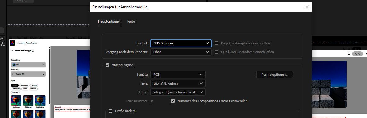 Das Dialogfeld „Einstellungen für Ausgabemodule“ ist geöffnet und im Dropdown-Menü „Format“ ist „PNG-Sequenz“ ausgewählt. „Formatoptionen“ wird ausgewählt, um das Dialogfeld „PNG-Optionen“ zu öffnen.
