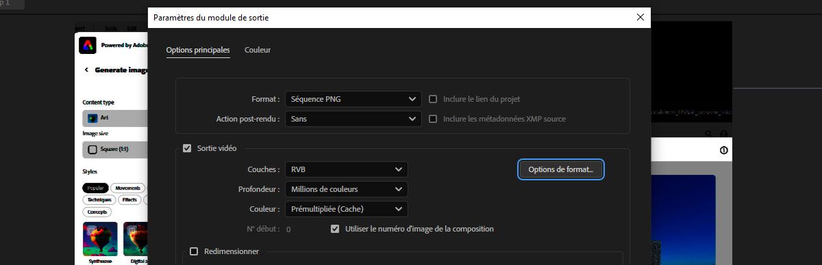 La boîte de dialogue Paramètres du module de sortie est ouverte et l'option Séquence PNG est sélectionnée dans le menu déroulant Format.Options de format est sélectionné pour lancer la boîte de dialogue Options PNG.
