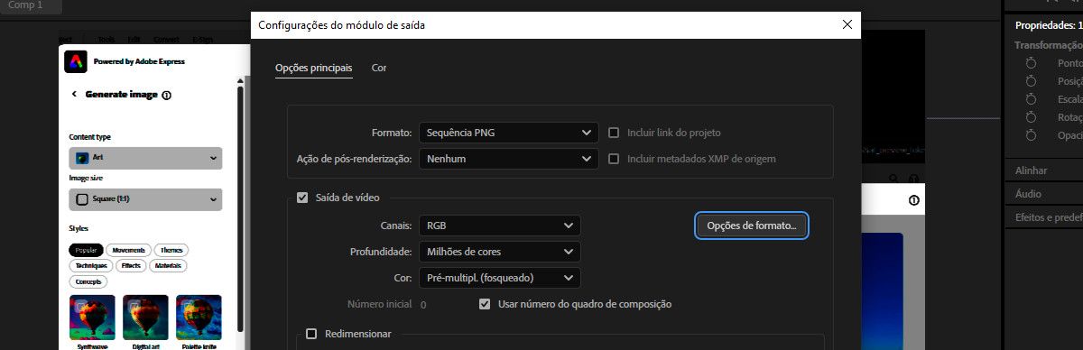 A caixa de diálogo Configurações do módulo de saída está aberta e a opção Sequência PNG está selecionada no menu suspenso Formato.As opções de formato estão selecionadas para abrir a caixa de diálogo de opções de PNG.