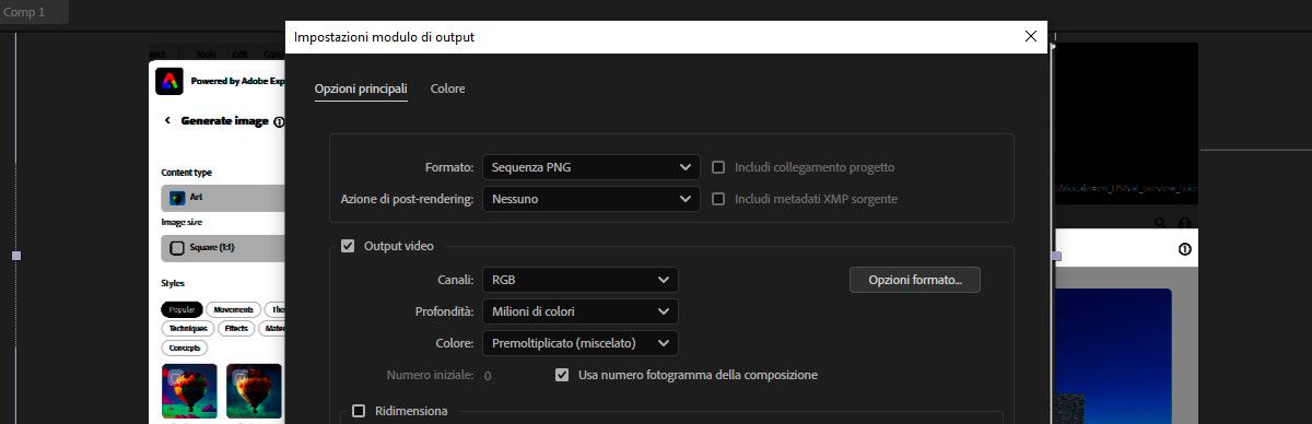 La finestra di dialogo Output Module Settings è aperta e dal menu a discesa Format è selezionato PNG Sequence.Format Options è selezionato per aprire la finestra di dialogo PNG Options.