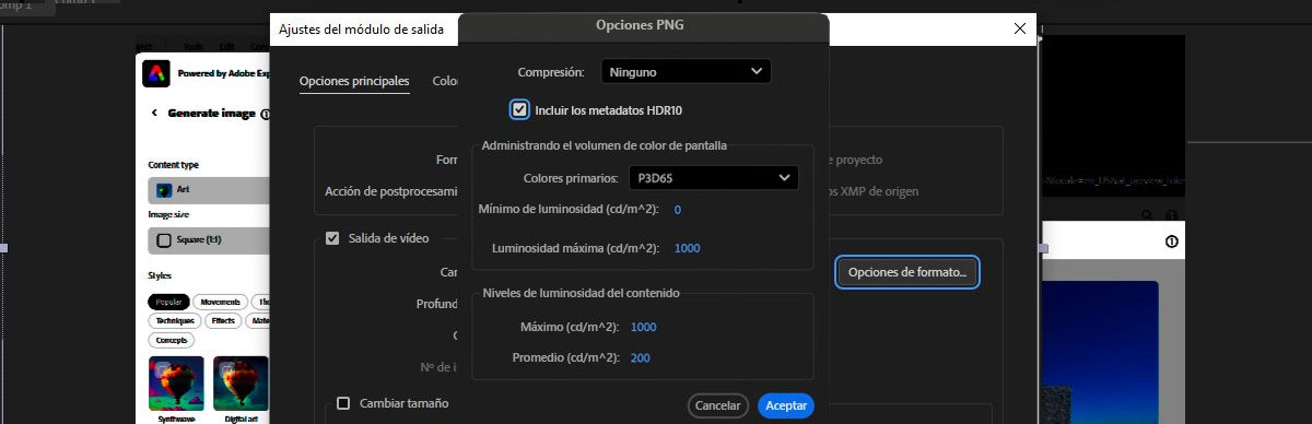 En el cuadro de diálogo Opciones PNG, se ha seleccionado la opción Incluir metadatos HDR10.Hay otras opciones en las secciones Volumen de color de pantalla de masterización y Niveles de luz de contenido para ajustar el volumen de color y los niveles de luminancia.