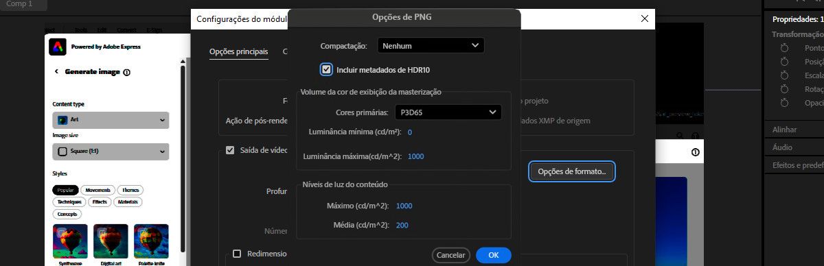 Na caixa de diálogo Opções PNG, a opção Incluir metadados HDR10 está selecionada.Há outras opções nas seções “Volume da cor de exibião de masterização” e “Níveis de luz do conteúdo” para ajustar o volume da cor e os níveis de luminância.