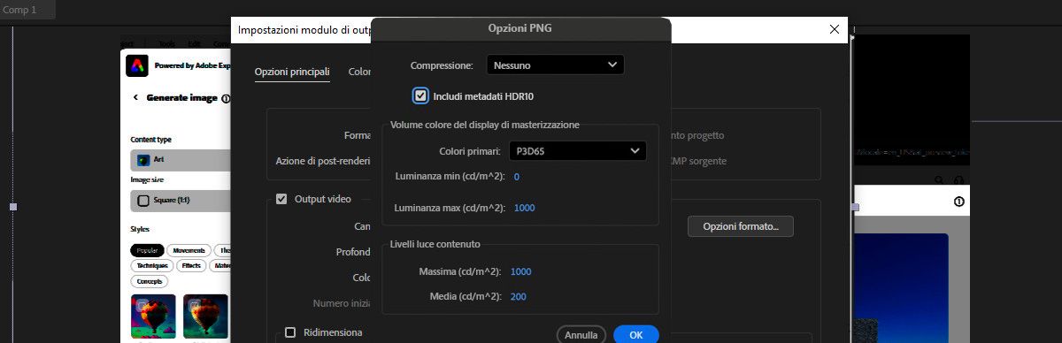 Nella finestra di dialogo PNG Options, l'opzione Include HDR10 metadata è selezionata.Ci sono altre opzioni nelle sezioni Mastering display Color Volume e Content Light Levels per regolare il volume del colore e i livelli di luminanza.