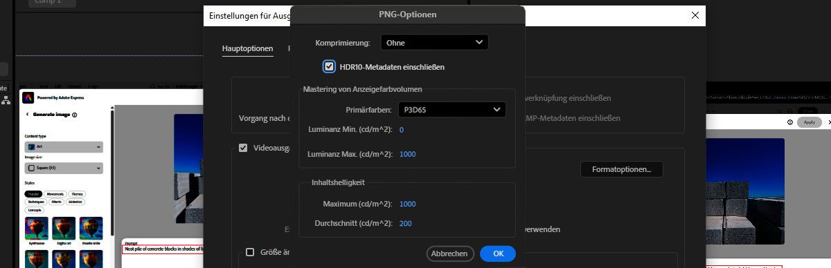 Im Dialogfeld „PNG-Optionen“ ist die Option „HDR10-Metadaten einschließen“ ausgewählt. In den Abschnitten „Mastering von Anzeigefarbvolumen“ und „Inhaltshelligkeit“ sind weitere Optionen zum Anpassen des Farbvolumens und der Luminanz verfügbar.