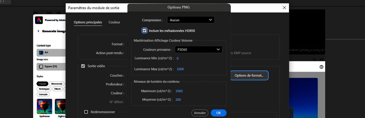 Dans la boîte de dialogue Options PNG, l’option Inclure les métadonnées HDR10 est sélectionnée.D’autres options sont disponibles dans les sections Volume de couleur de l’affichage principal et Niveaux de lumière du contenu pour ajuster le volume de couleur et les niveaux de luminance.