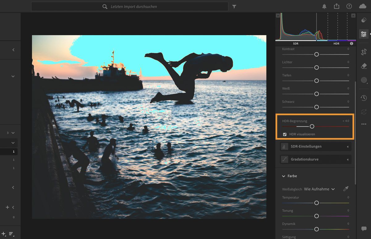 Definiere die Stufen und wähle „HDR visualisieren“, um HDR-Daten in einem Foto anzuzeigen.
