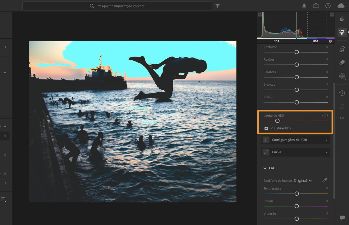 Defina as Interrupções e selecione HDR visual para visualizar dados HDR em uma foto.