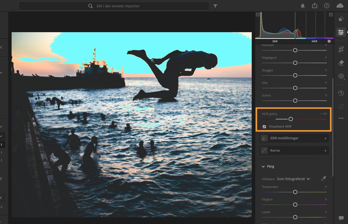 Definiera stoppen och välj Visuell HDR för att visa HDR-data i ett foto.