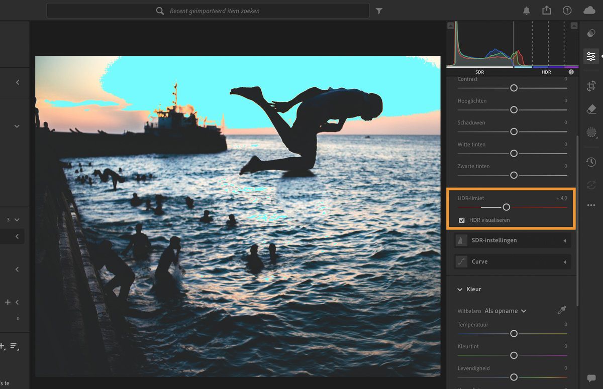 Bepaal de stops en selecteer Visuele HDR om de HDR-gegevens in een foto weer te geven.