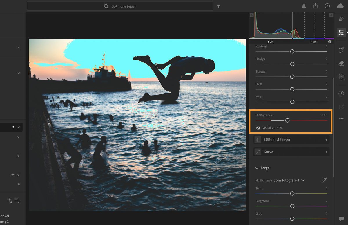 Definer stoppene og velg Visualiser HDR for å vise HDR-data i et bilde.