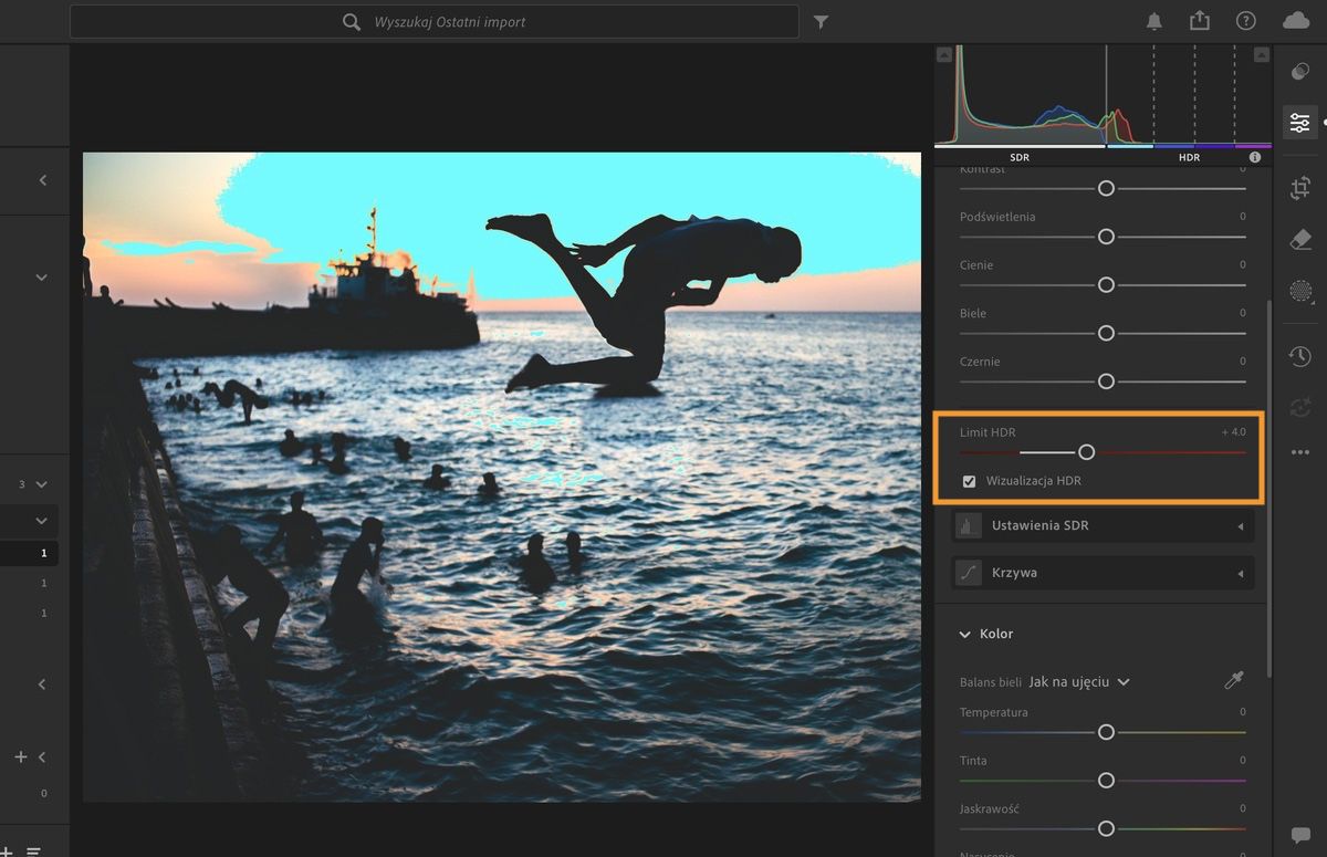 Zdefiniuj stopnie i wybierz Wizualizacja HDR, aby wyświetlić dane HDR na zdjęciu.