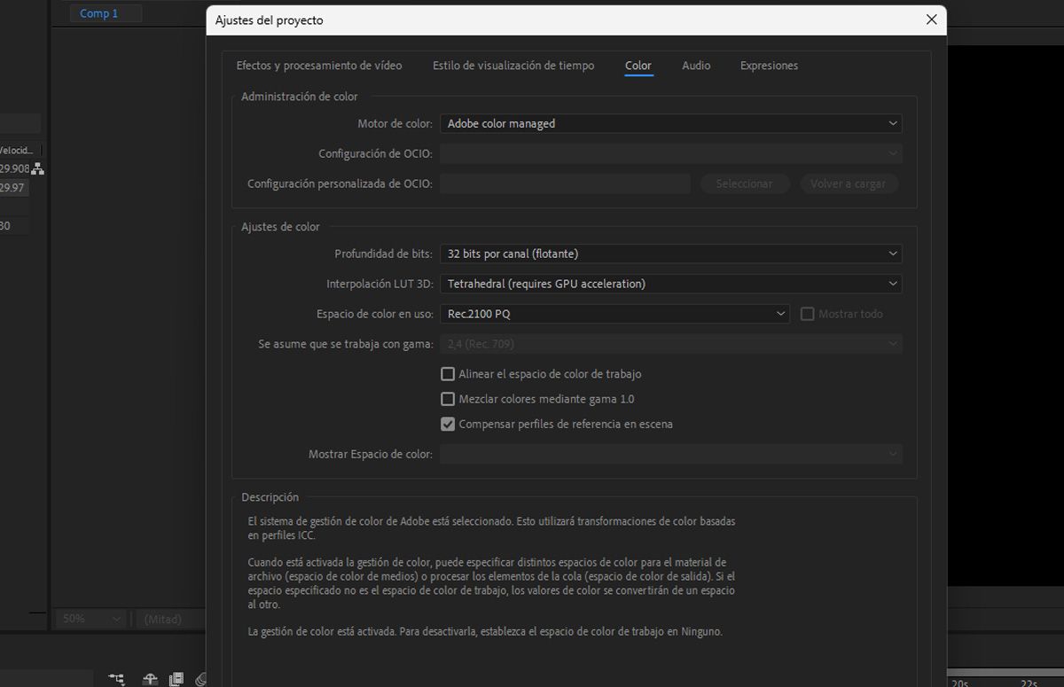 El cuadro de diálogo Configuración del proyecto está abierto y, debajo de la pestaña Color, se actualiza la configuración para previsualizar el contenido HDR.