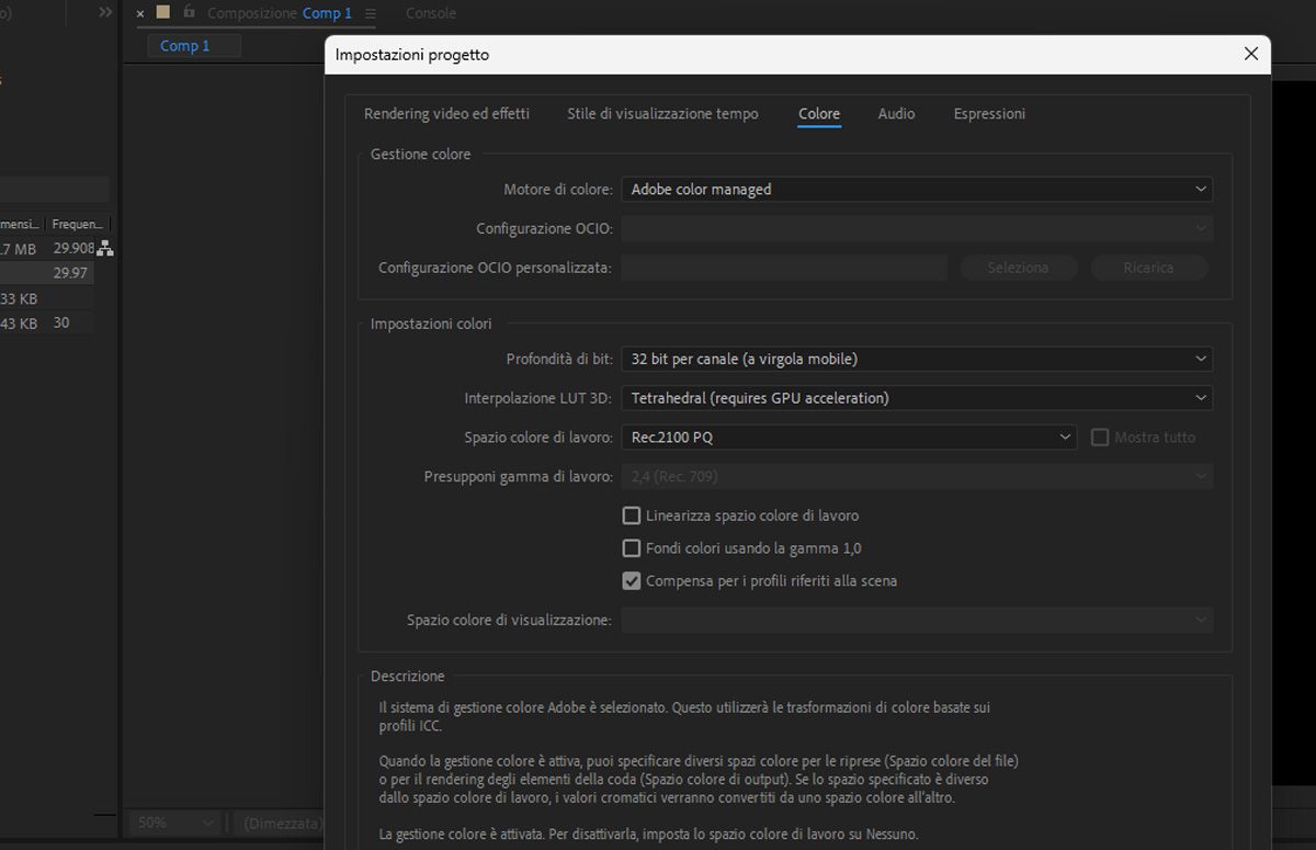 La finestra di dialogo Impostazioni progetto è aperta e sotto la scheda Colore le impostazioni vengono aggiornate per visualizzare un’anteprima del contenuto HDR.
