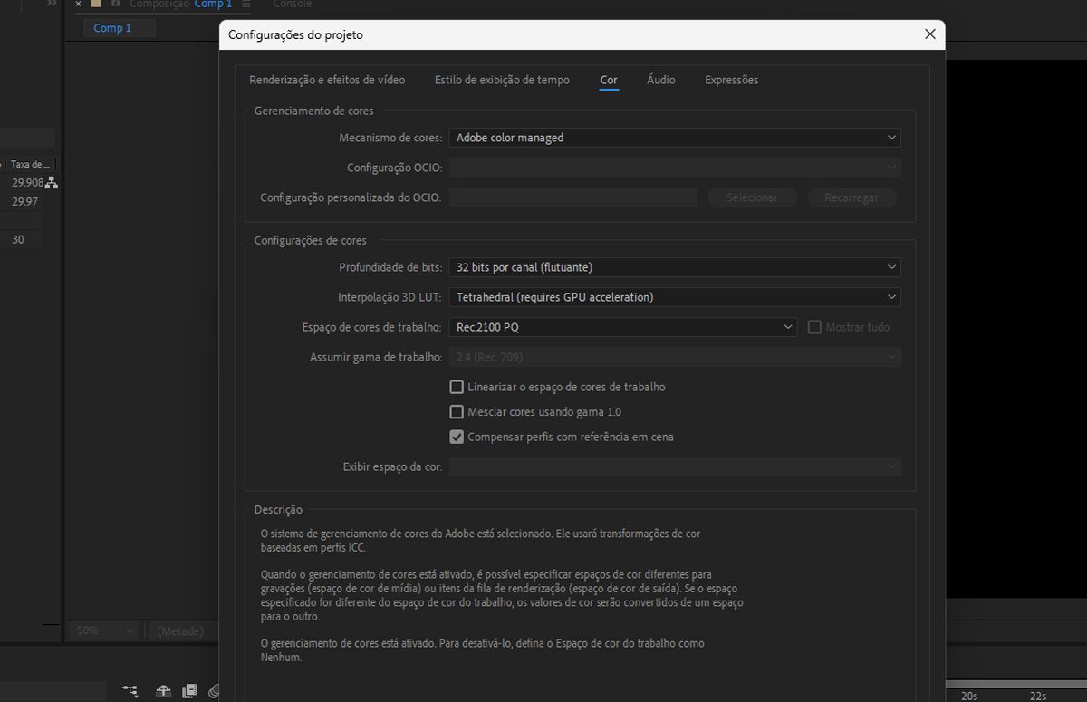 A caixa de diálogo Configurações do projeto aberta com as configurações da guia Cor atualizadas para visualizar conteúdo HDR.