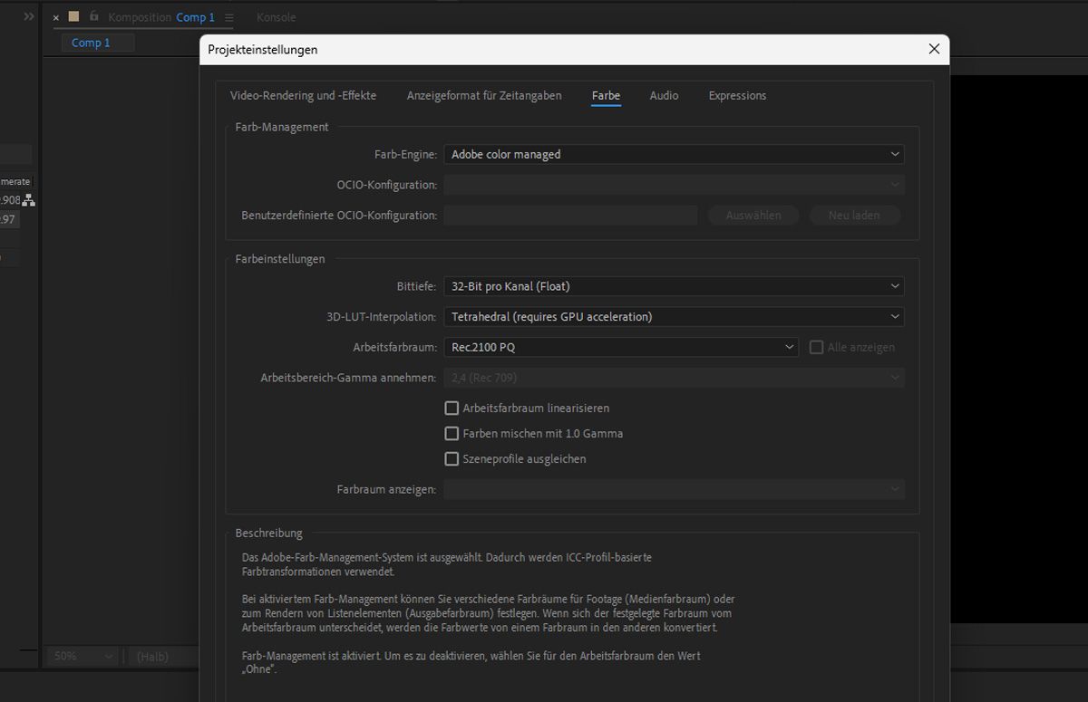 Das Dialogfeld „Projekteinstellungen“ ist geöffnet und unter der Registerkarte „Farbe“ werden die Einstellungen aktualisiert, um HDR-Inhalte in der Vorschau anzuzeigen.