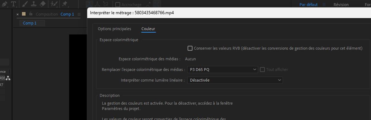 La boîte de dialogue Interprétation de métrage est ouverte et l’option Remplacer l’espace colorimétrique des médias est définie sur P3 D65 PQ.