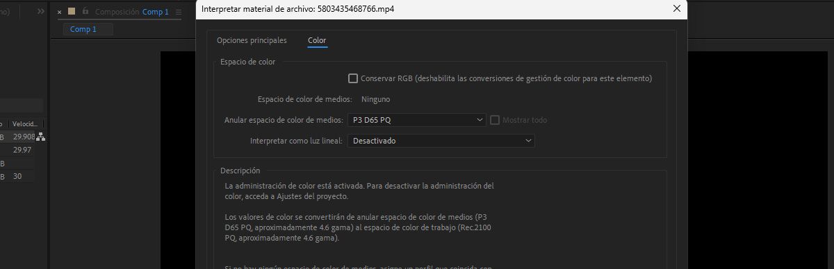 El cuadro de diálogo Interpretar material de archivo está abierto y Anular espacio de color de medios se establece en P3 D65 PQ.