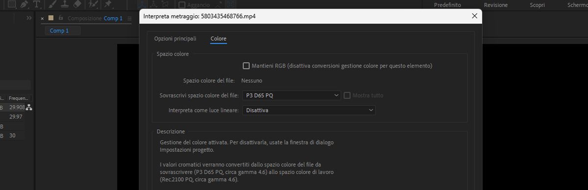 La finestra di dialogo Interpreta metraggio è aperta e Sovrascrivi spazio colore del file è impostato su P3 D65 PQ.